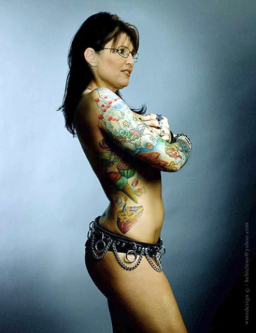 Palin Double Dipping as a Tattooed Lady and Clown